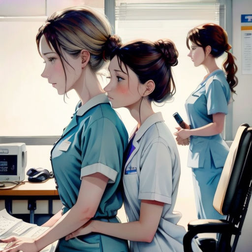 a painting of two nurses working on a computer together in a room with other nurses in the background and a computer on the desk