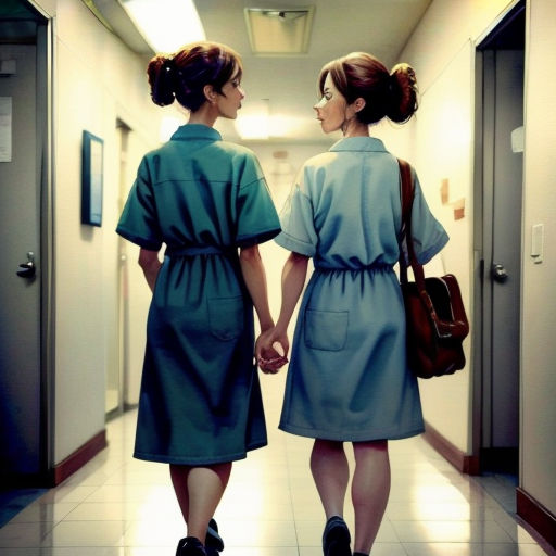 two women in blue robes walking down a hallway holding hands and looking at each other with a handbag on their shoulder