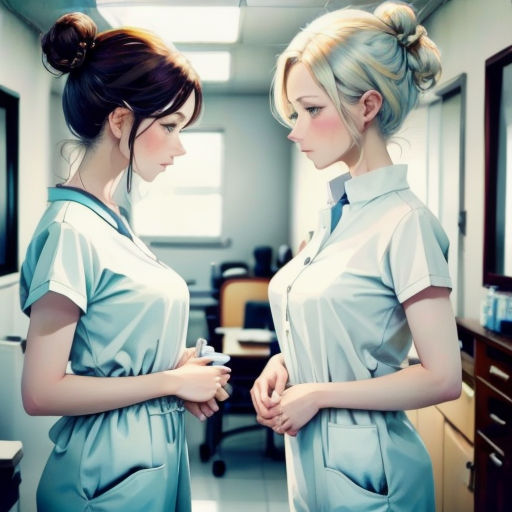 two women in scrubs standing in a room with a mirror and a television on the wall behind them