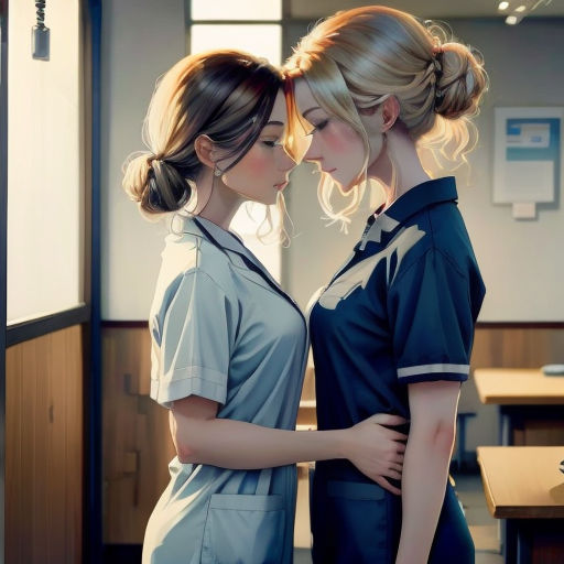 two women standing next to each other in a room with a desk and a chair in the background and a wall with a sign on it