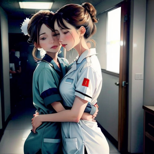 two women in scrubs hugging each other in a hallway with a window in the background and a door in the background