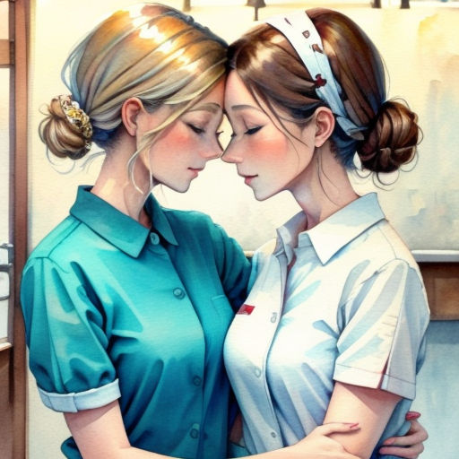 two women are hugging each other in a kitchen area with a sink and countertop in the background and a painting of a woman in the background