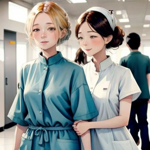 two women in scrubs standing next to each other in a hallway with other people in the background and a hallway with a few doors
