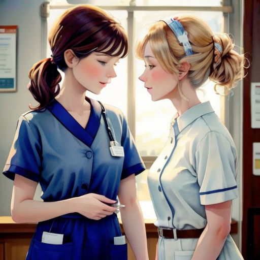 two nurses are talking to each other in a hospital room with a window in the background and a sign on the wall