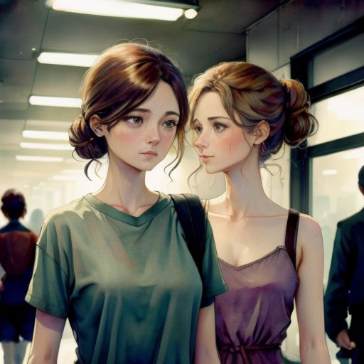 two women standing next to each other in a room with people walking around them and one woman is wearing a green shirt