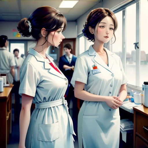 two women in nurses uniforms standing in a room with a window and a man in the background looking at each other