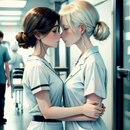 two nurses are kissing each other in a hospital hallway with a man in the background and a woman in the foreground