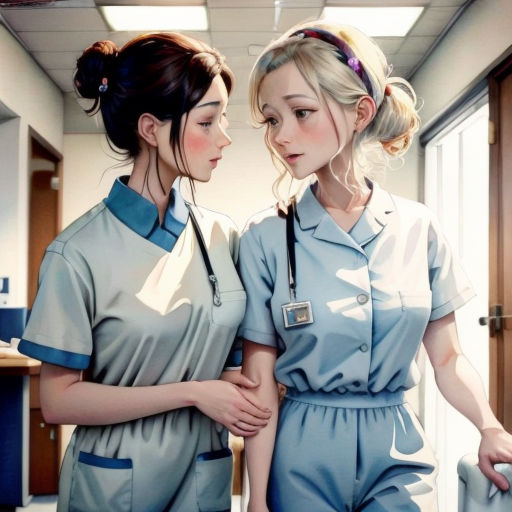 two women in scrubs standing next to each other in a room with a door and a table with a laptop on it