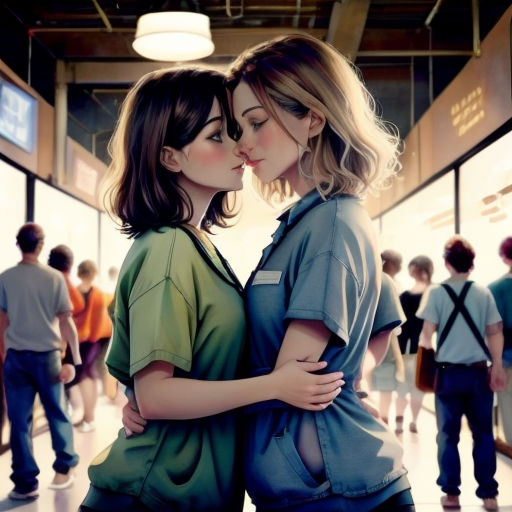 two women are hugging in a room full of people in the background, one is wearing a green shirt