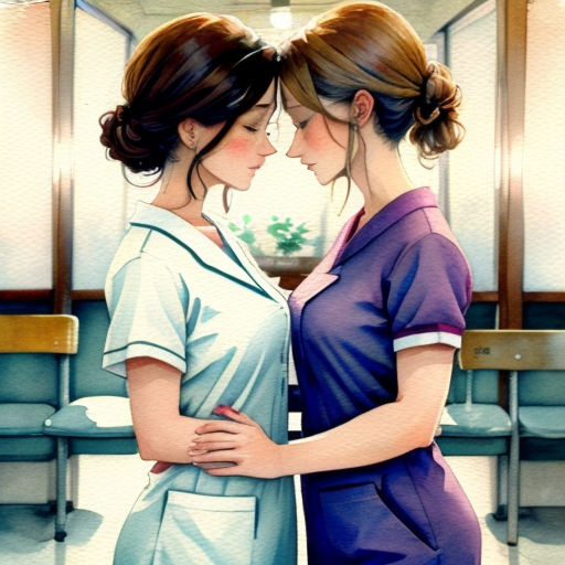 two women in scrubs standing next to each other in a room with chairs and a table in the background