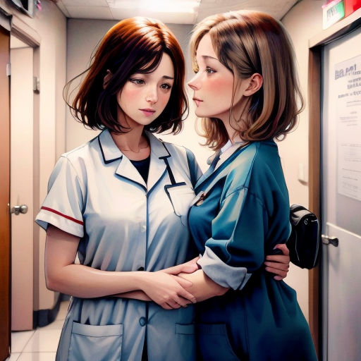 two women in scrubs standing in a hallway together, one of them is looking at the other side
