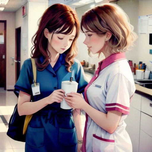 two women in scrubs are looking at a cup of coffee in a hospital hallway, one of them is holding a mug