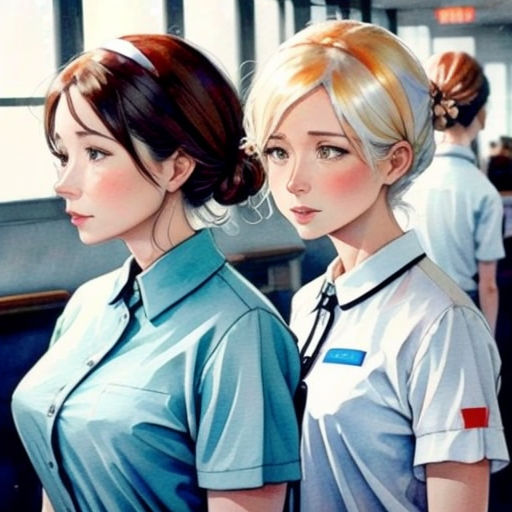 two women in scrubs are standing next to each other in a hospital hallway, one of them has a stethoscope