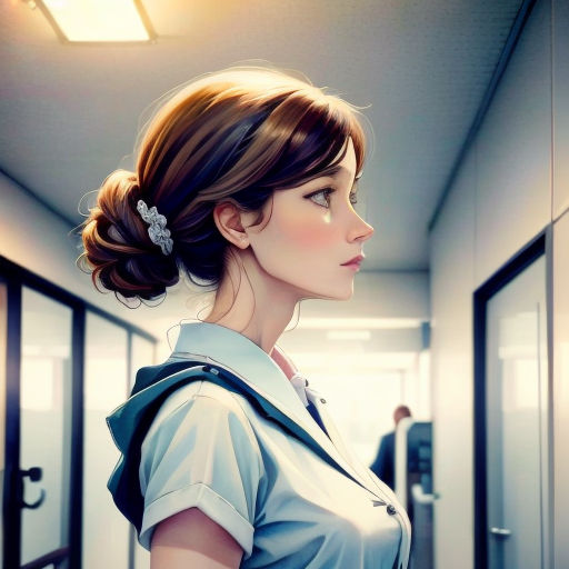 a woman with a ponytail in a hallway with a man in the background looking at her through a mirror