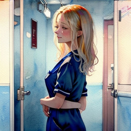 a painting of a woman in a blue uniform standing in a bathroom stall with her arms crossed and looking at the door