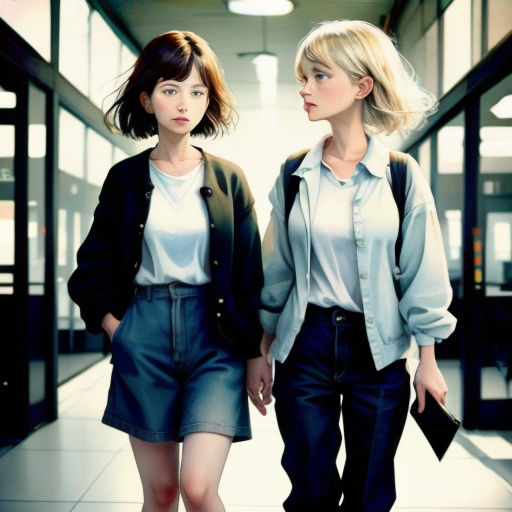 two women walking down a hallway together in a building with a light on the ceiling and a door in the background