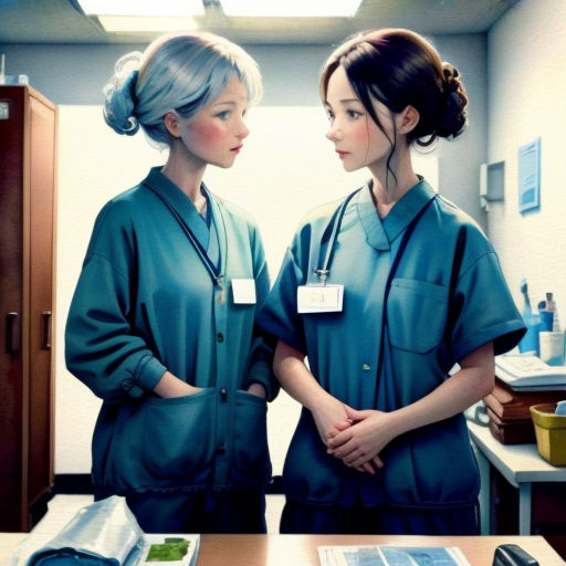 two women in scrubs standing in a room with a mirror and a desk with a laptop on it