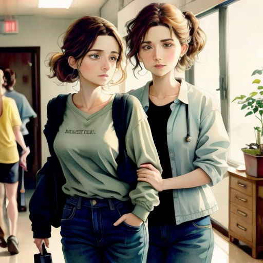 two women standing next to each other in a room with a plant in the corner of the room and a door