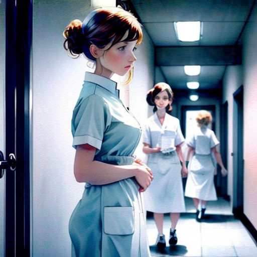 a woman in a hospital gown standing in a hallway with another woman in the background looking at her in the mirror