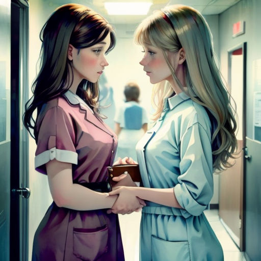 two women standing in a hallway talking to each other with a folder in their hand and a folder in their other hand
