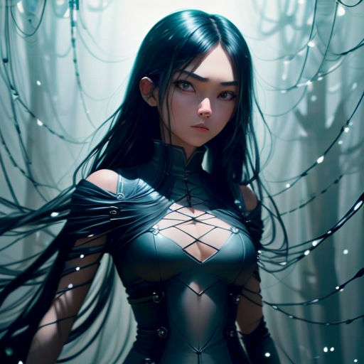 a woman with long black hair and a black outfit with wings on her chest and chest, standing in front of a forest