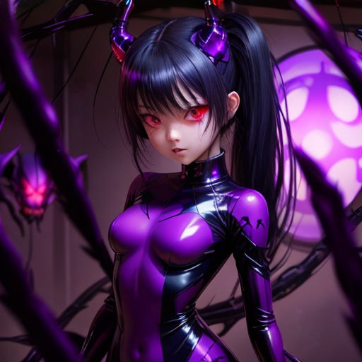 a woman in a purple outfit with horns and a demon like headpiece is standing in front of a purple background