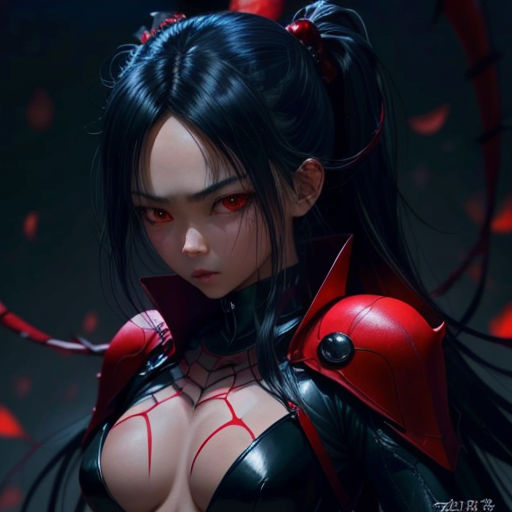 a woman in a black and red outfit with red eyes and horns on her head, with a demon like outfit on