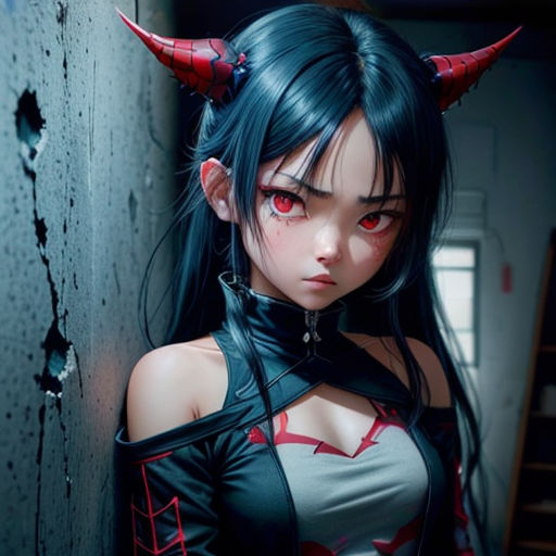 a woman with horns and a top on posing for a picture in a room with a wall and a window