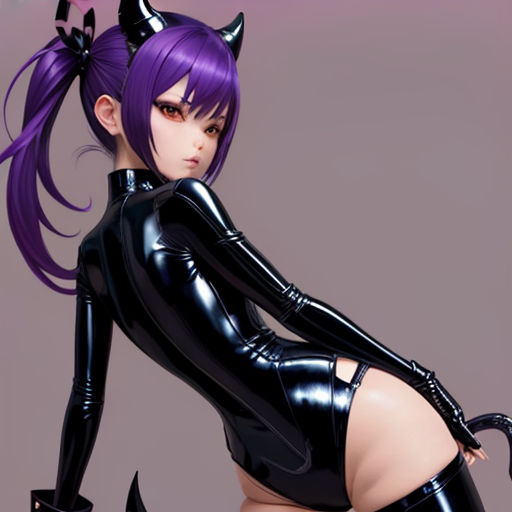 a woman in a cat suit with horns on her head and a cat tail on her head, sitting on a chair