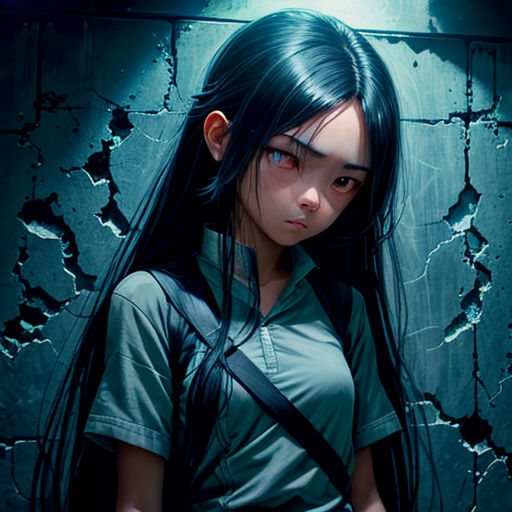 a girl with long black hair standing in front of a wall with a green shirt on and a black backpack