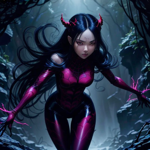 a woman in a red and black costume is walking through a forest with horns on her head and hands