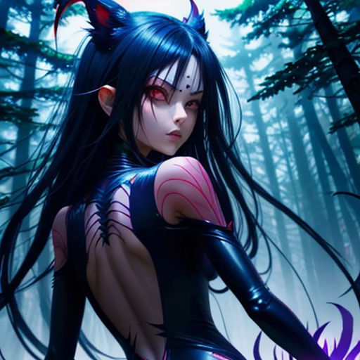 a woman in a cat suit standing in the woods with a demon tail on her head and a demon tail on her head