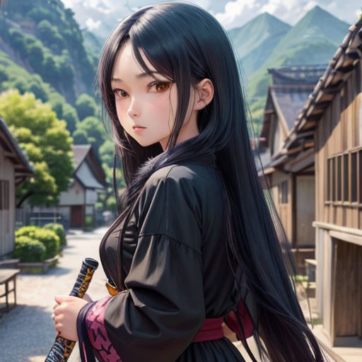 a woman in a black dress holding a sword in front of a mountain range with houses and trees in the background