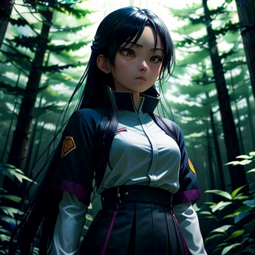 a woman in a forest with trees and grass in the background, with a sword in her hand, and a sword in her other hand