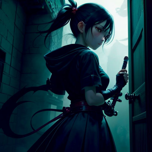 a woman in a dark dress holding a sword in her hand and looking down at the ground from a doorway