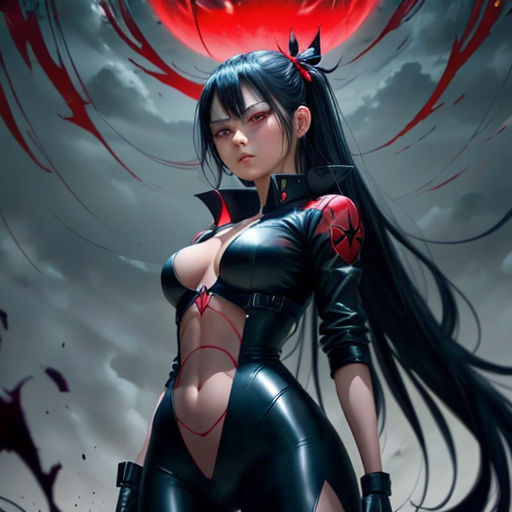a woman in a black outfit with a red demon on her chest and a red moon behind her head