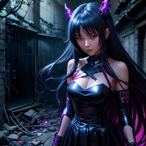 a woman in a black dress with horns and horns on her head standing in a alleyway with a cat costume