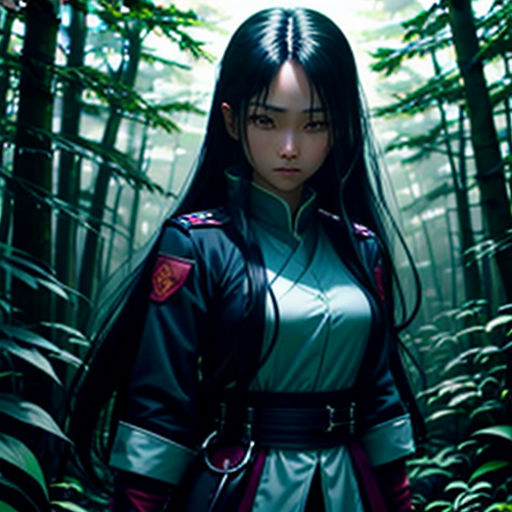 a woman in a green and black outfit standing in a forest with trees and grass behind her, with a sword in her hand