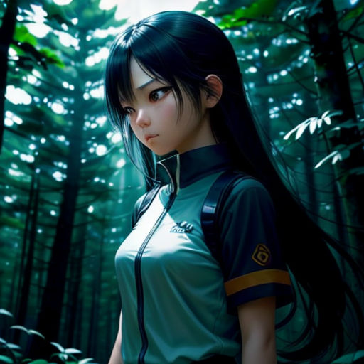 a woman in a green shirt standing in a forest with trees in the background and a forest - like area