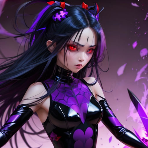 a woman with long black hair and red eyes holding a knife in her hand and wearing a purple outfit