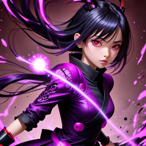 a woman with long hair and purple hair holding a sword in her hand and a purple background with pink and purple streaks