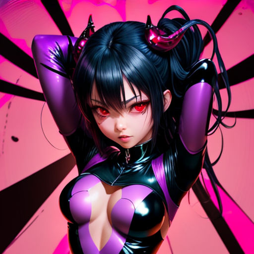 a woman in a purple and black outfit with horns on her head and a pink background with a clock