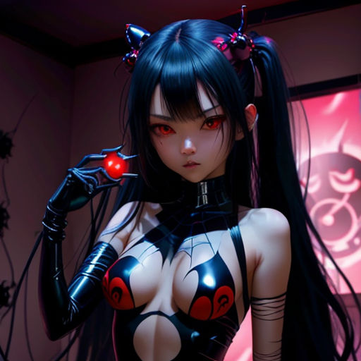 a woman with long black hair and red eyes wearing a cat suit and holding a red ball in her hand