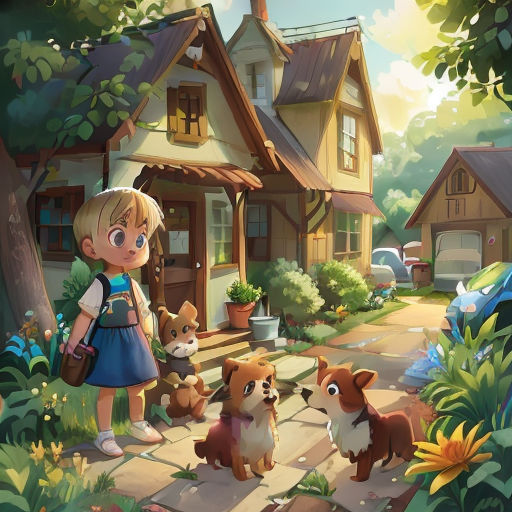 a little girl standing in front of a house with her dogs in front of her and a dog on the ground
