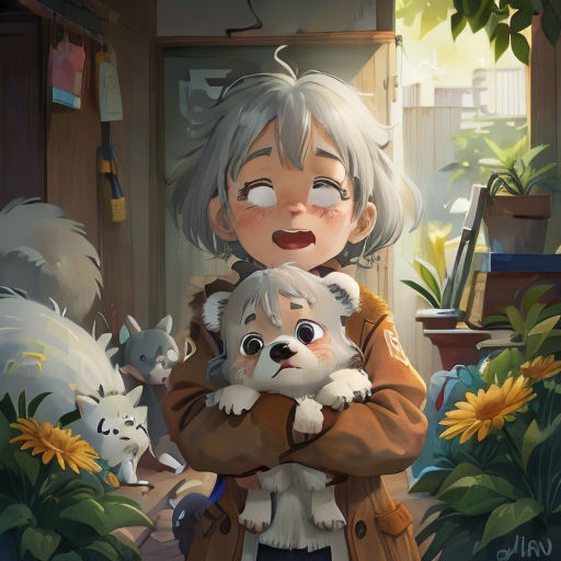 a woman holding a small dog in her arms in a room with flowers and other animals around her and a cat on the floor