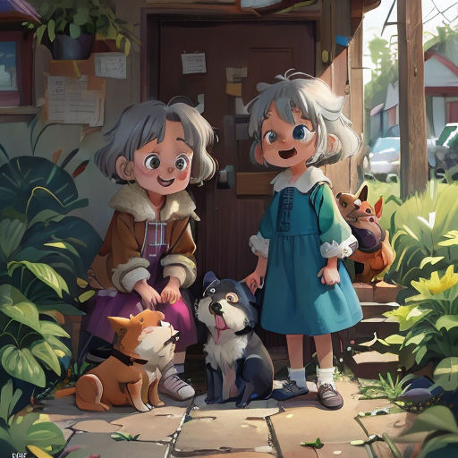 two children standing next to each other with dogs and cats in front of them on a porch with a house