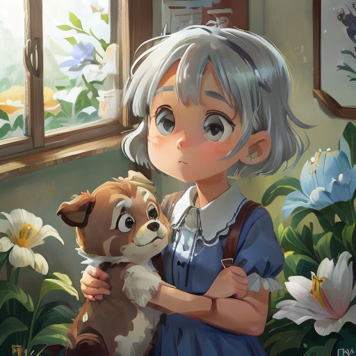 a little girl holding a dog in her arms in front of a window with flowers on the outside of it