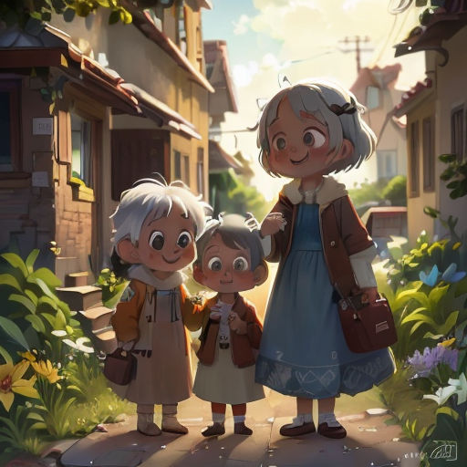 a family of three standing in front of a house with a sky background and flowers in the foreground