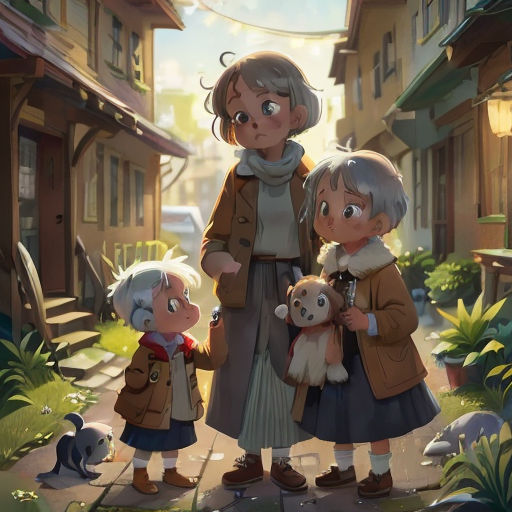 a woman and two children standing in front of a house with a dog and a cat on the sidewalk