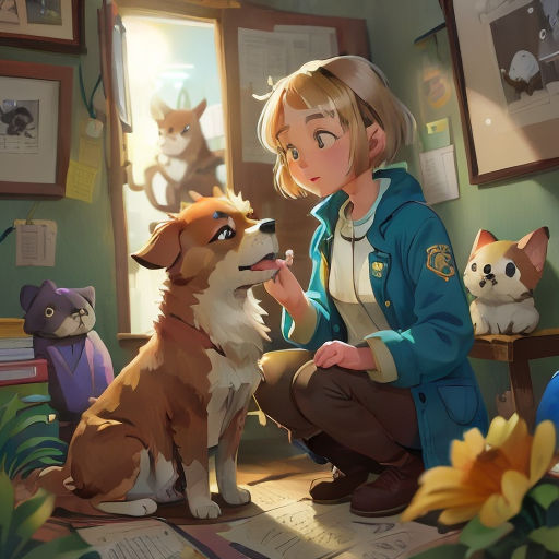 a woman kneeling down next to a dog and a cat on a floor next to a window with a cat on it